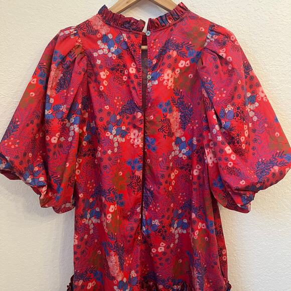 Tyler Boe Sammy Dress Large Red Wild Flowers Puff Sleeve Tiered Cottage Modest - Picture 8 of 14